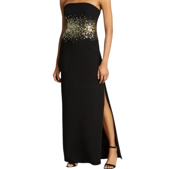 Women's Halston Sofi Gown Columm Crape Strapless Black Dress Gold Sequins 12 - Picture 1 of 15